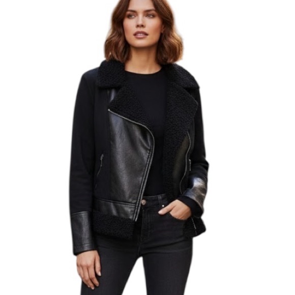 Rock & Republic Jackets & Blazers - Rock & Republic Women's Black Moto Jacket Faux Leather Sherpa Size L​​